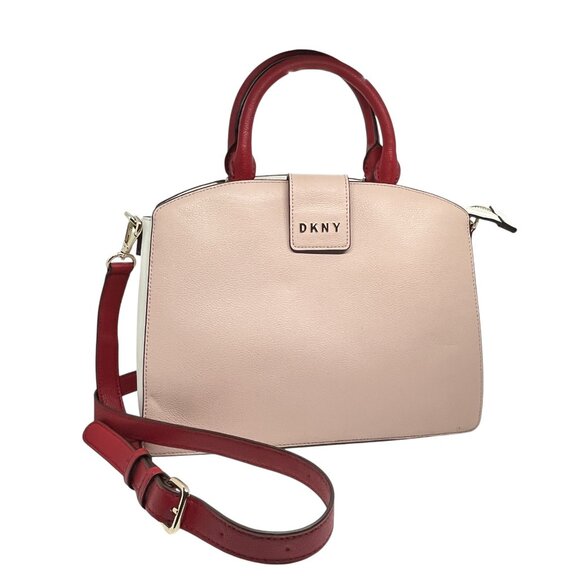 DKNY CLARA LEATHER SATCHEL CROSSBODY BAG RED PINK GOLD TONE COLORBLOCK NWT - Picture 1 of 13